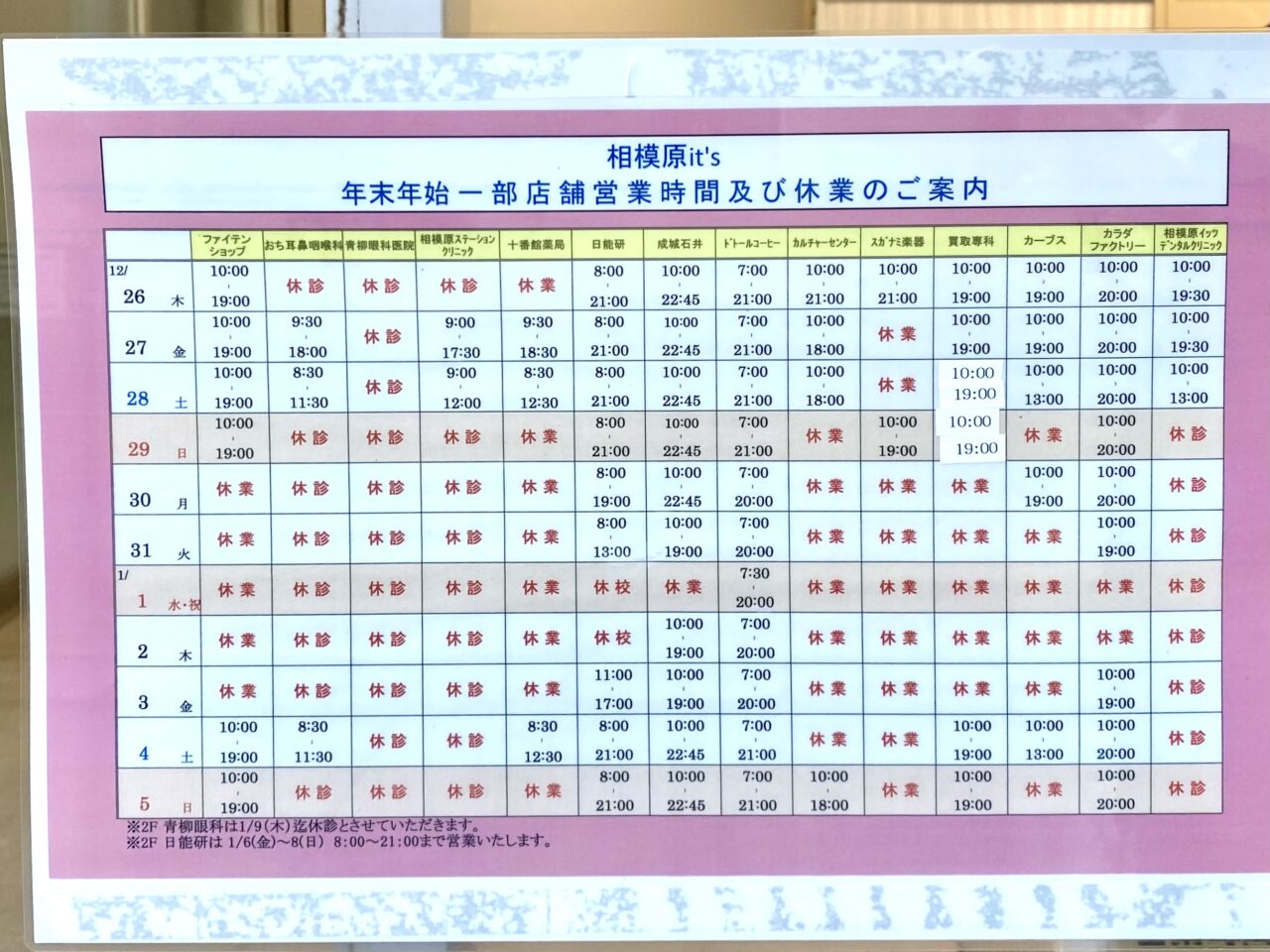 相模原itsとセレオ相模原の2024-2025年末年始の開館日と一部店舗の営業時間および休業の案内が出ていました