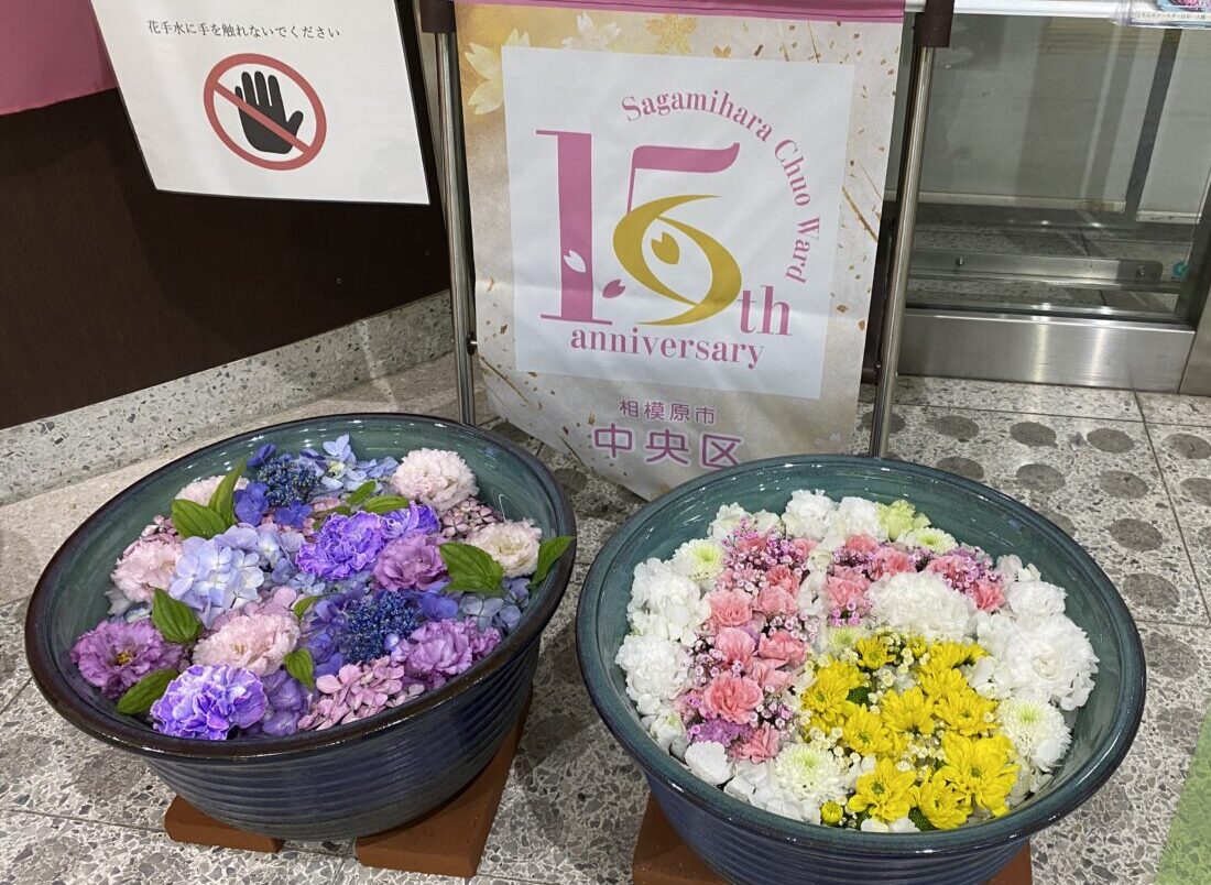 【相模原市中央区】「あじさい×中央区花手水」もうご覧になりましたか？中央区誕生15周年記念ロゴマークをモチーフにした花手水も！6/27(金)まで